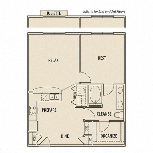 Floor plan for 1 bed, 1 bath, 839 sqft